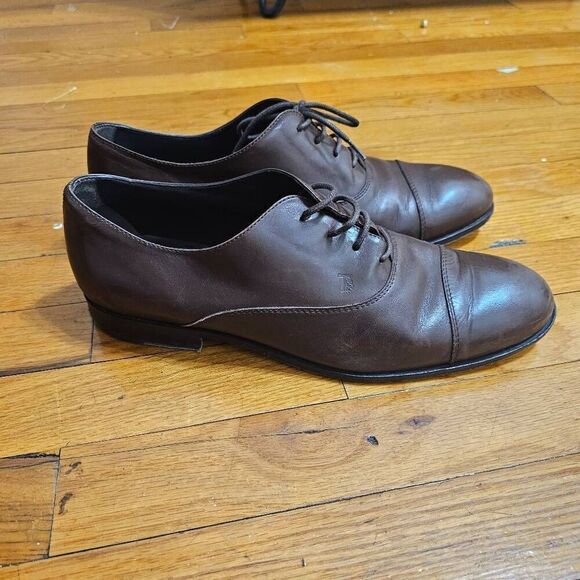 TOD'S Men's Brown Leather Lace Up Oxford Cap Toe Shoes Size 9 - Picture 1 of 10